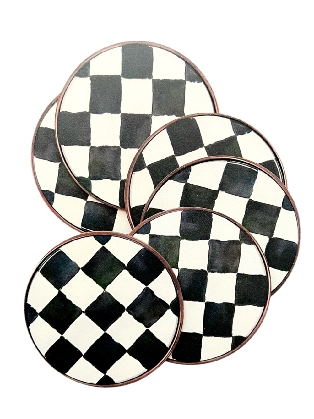 Set of 6 Checkered Ceramic Coaster Set - Black and White, Contemporary, Wood - Picture 5 of 7